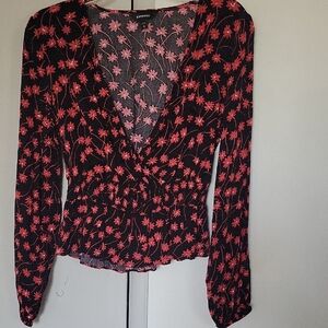 Express Women's Black and Red Floral Top Size Xs